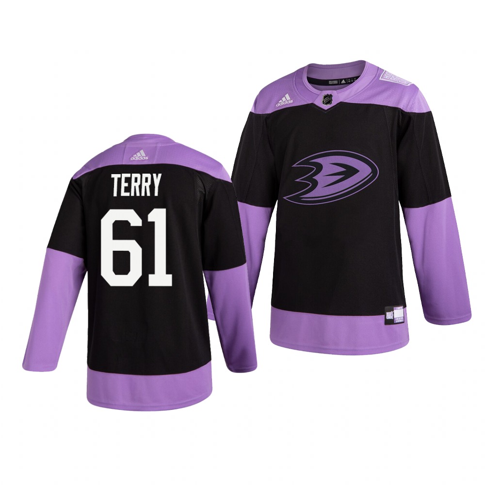 Personalized Ducks 61 Troy Terry Black Purple Hockey Fights Cancer Jersey