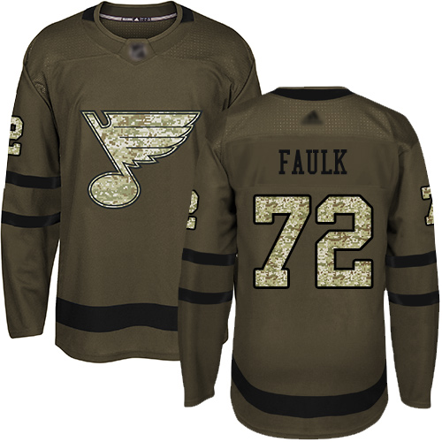 Personalized Blues #72 Justin Faulk Green Salute to Service Stitched Hockey Jersey