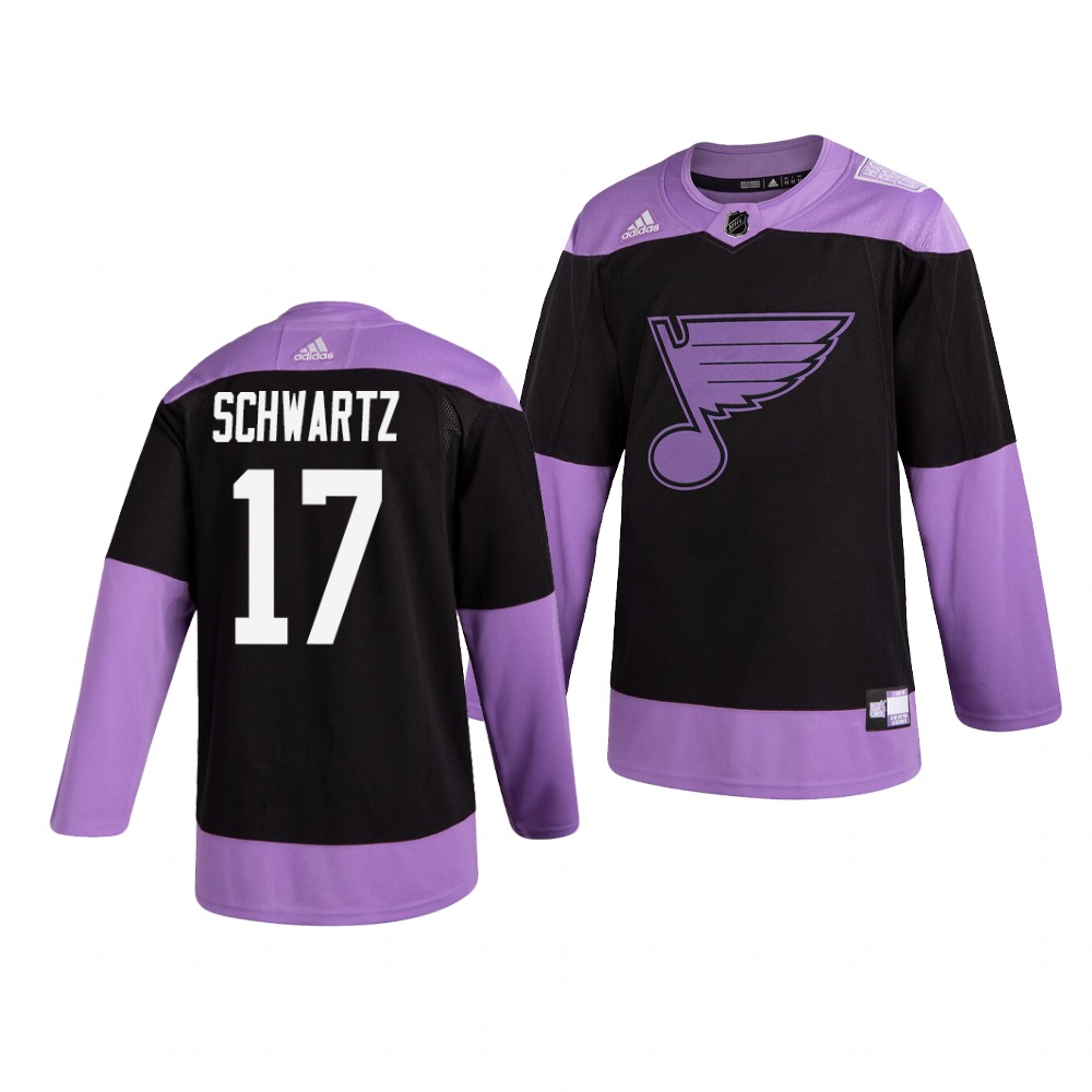 Personalized Blues 17 Jaden Schwartz Black Purple Hockey Fights Cancer Jersey