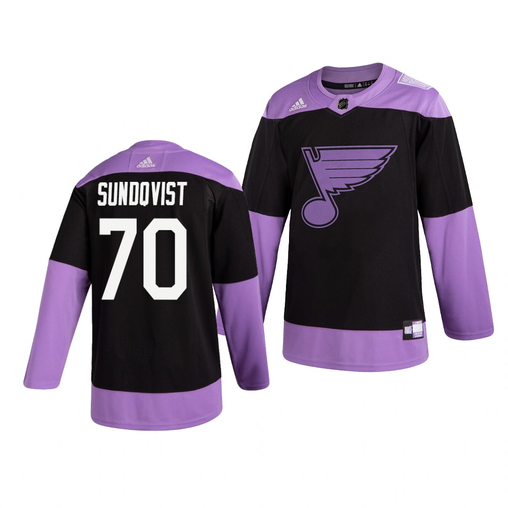 Personalized Blues 70 Oskar Sundqvist Black Purple Hockey Fights Cancer Jersey