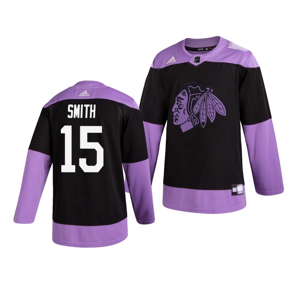 Personalized Blackhawks 15 Zack Smith Black Purple Hockey Fights Cancer Jersey