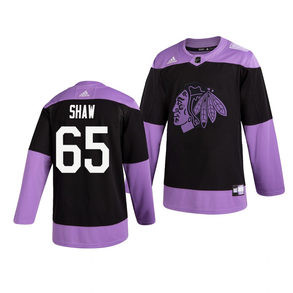 Personalized Blackhawks 65 Andrew Shaw Black Purple Hockey Fights Cancer Jersey
