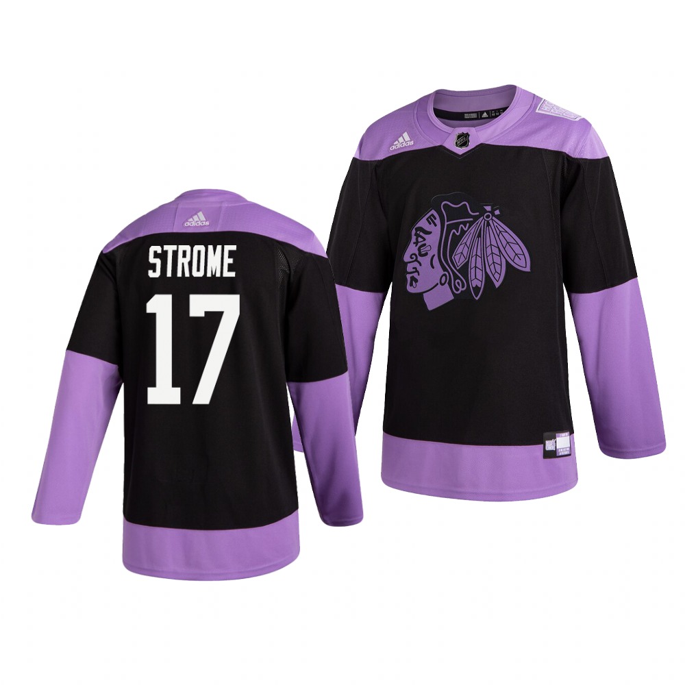 Personalized Blackhawks 17 Dylan Strome Black Purple Hockey Fights Cancer Jersey
