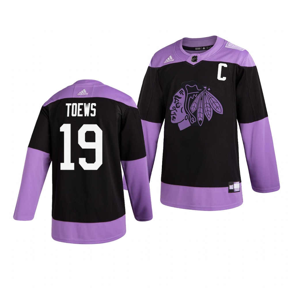 Personalized Blackhawks 19 Jonathan Toews Black Purple Hockey Fights Cancer Jersey