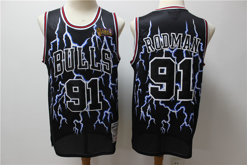 Personalized Bulls 91 Dennis Rodman Black Hardwood Classics Lightning Limited Edition Jersey