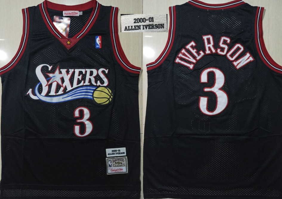 Personalized 76ers 3 Allen Iverson Black 2000-01 Hardwood Classics Jersey