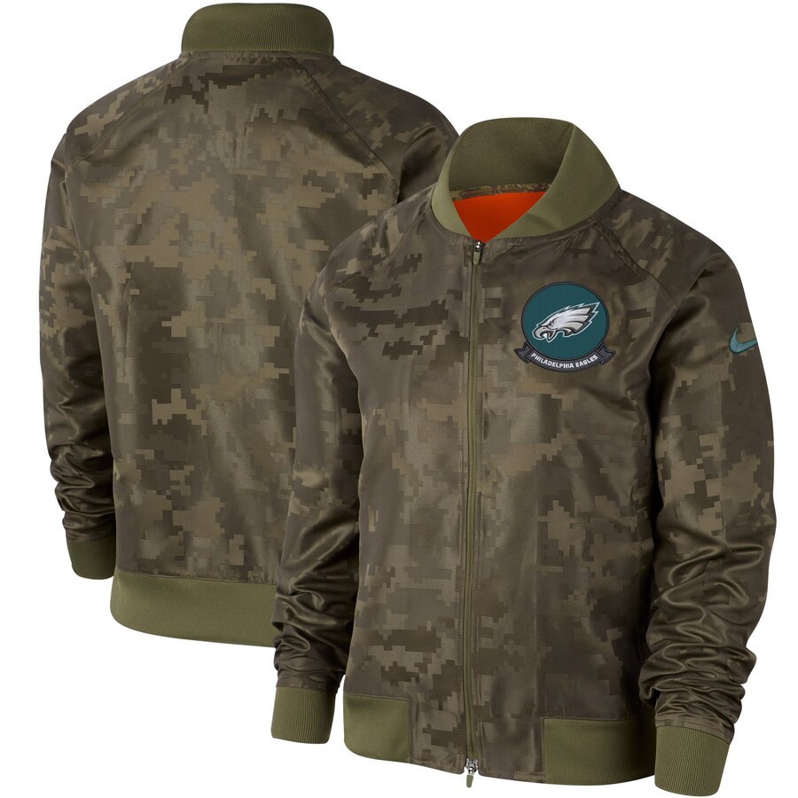 Personalized Women’s Philadelphia Eagles Olive 2019 Salute To Service Full Zip Bomber Jacket
