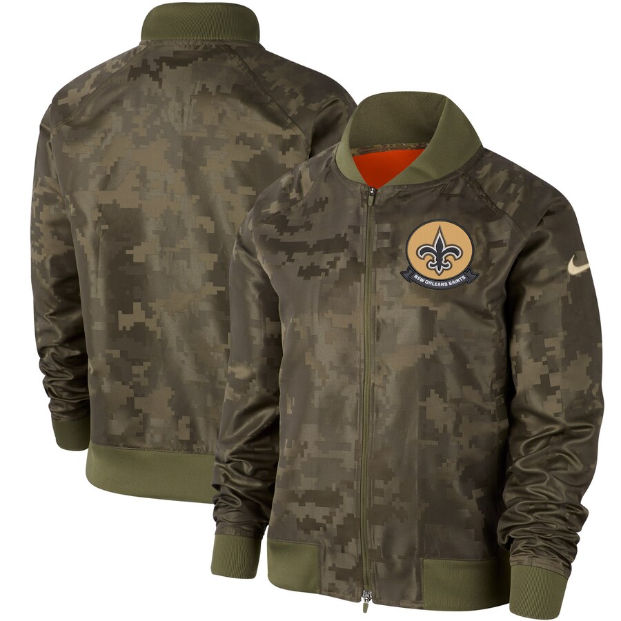 Personalized Women’s New Orleans Saints Olive 2019 Salute To Service Full Zip Bomber Jacket