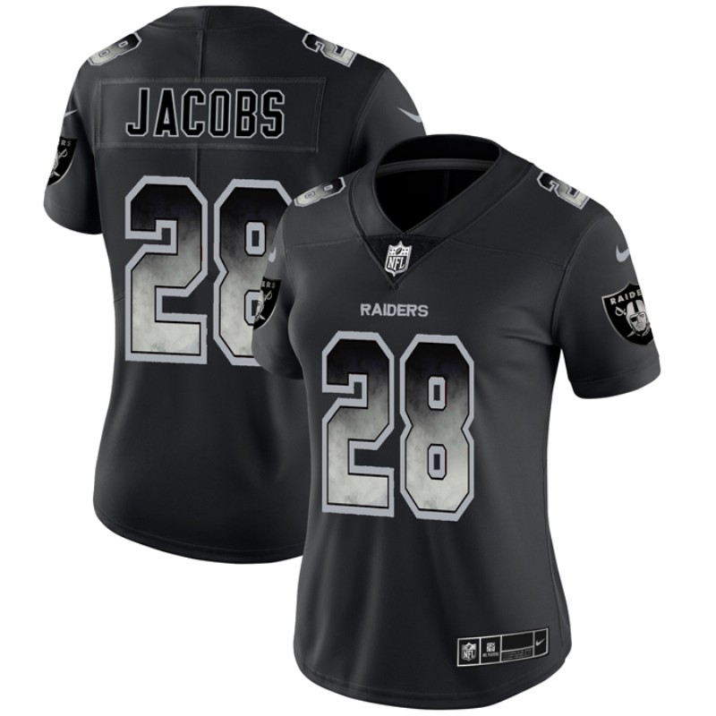Personalized Women Raiders 28 Josh Jacobs Black Smoke Women Untouchable Limited Jersey