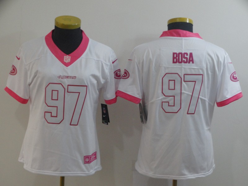 Personalized Women 49ers 97 Nick Bosa White Pink Women Rush Limited Jersey