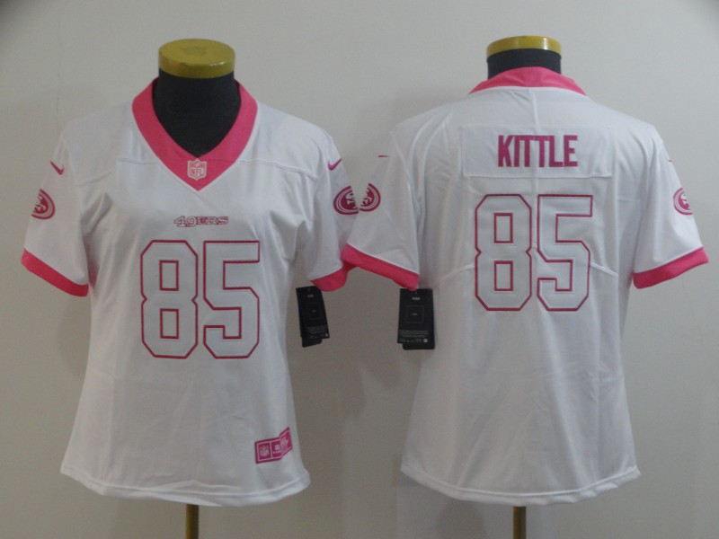 Personalized Women 49ers 85 George Kittle White Pink Women Rush Limited Jersey