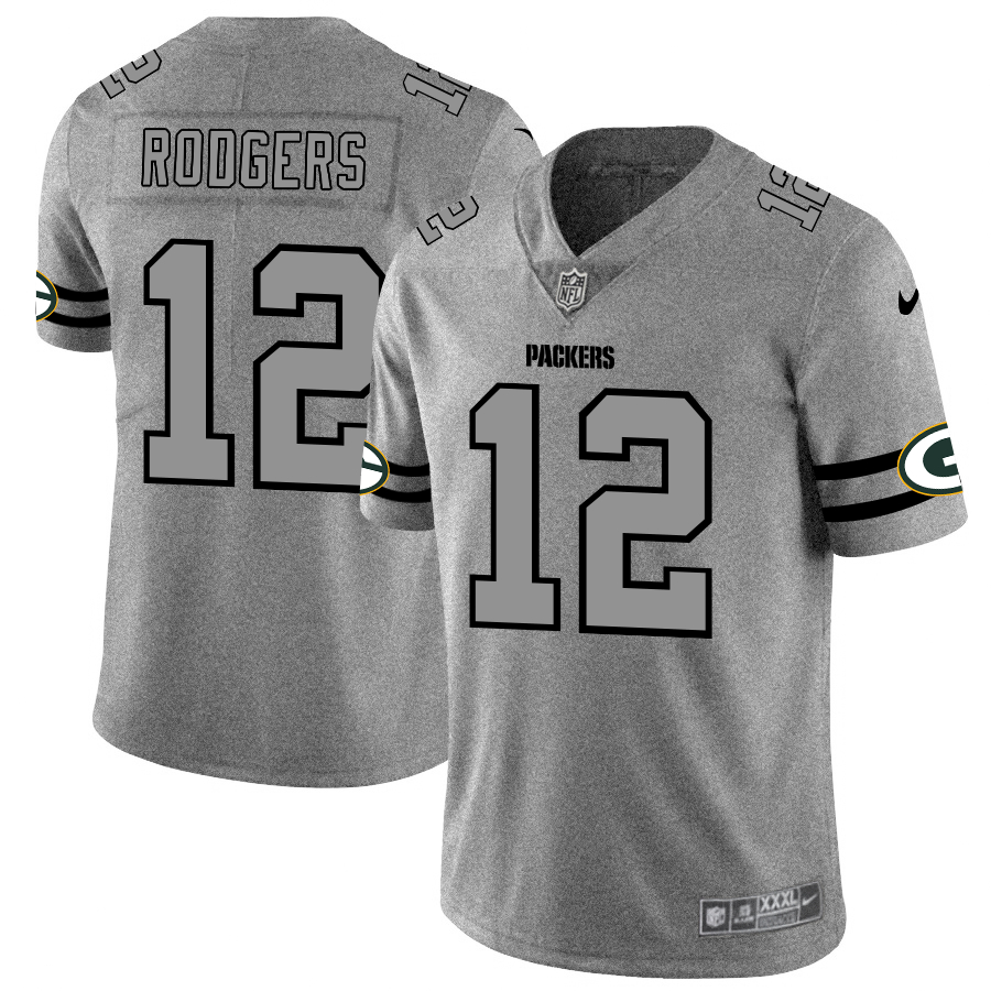Personalized Packers 12 Aaron Rodgers 2019 Gray Gridiron Gray Untouchable Limited Jersey
