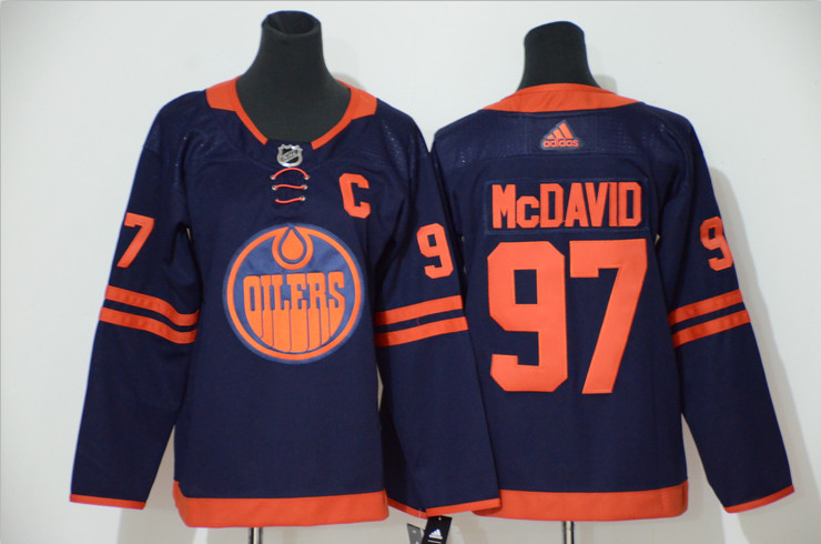 Personalized Oilers 29 Leon Draisaitl Navy Women 50th Anniversary Jersey