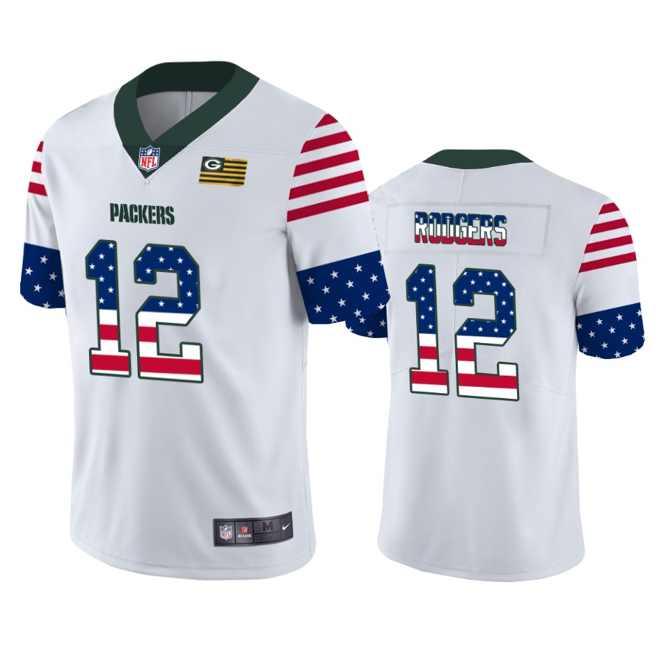 Personalized Packers 12 Aaron Rodgers White USA Flag Fashion Limited Jersey
