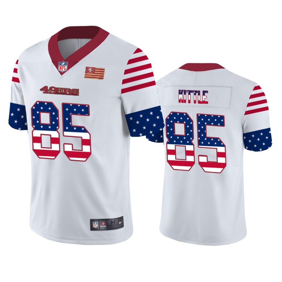 Personalized 49ers 85 George Kittle White USA Flag Fashion Limited Jersey