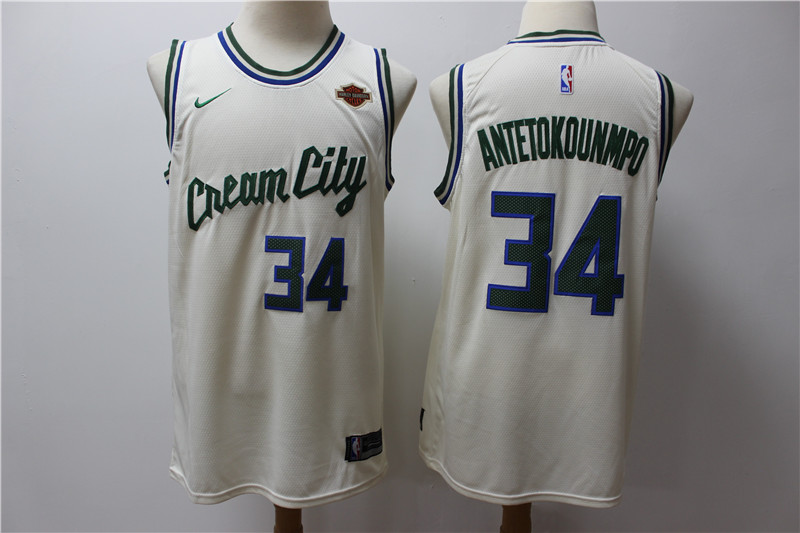 Personalized Bucks 34 Giannis Antetokounmpo Cream 2019-20 City Edition Swingman Jersey