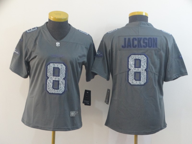 Personalized Women Ravens 8 Lamar Jackson Gray Camo Women Untouchable Limited Jersey
