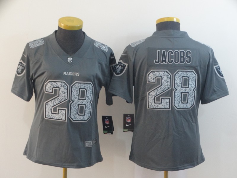 Personalized Women Raiders 28 Josh Jacobs Gray Camo Women Untouchable Limited Jersey