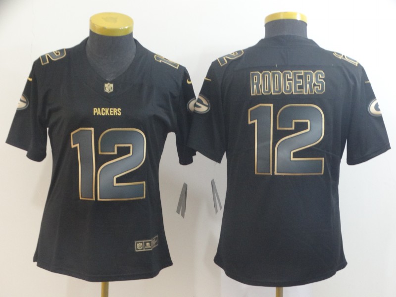 Personalized Women Packers 12 Aaron Rodgers Black Women Gold Untouchable Limited Jersey