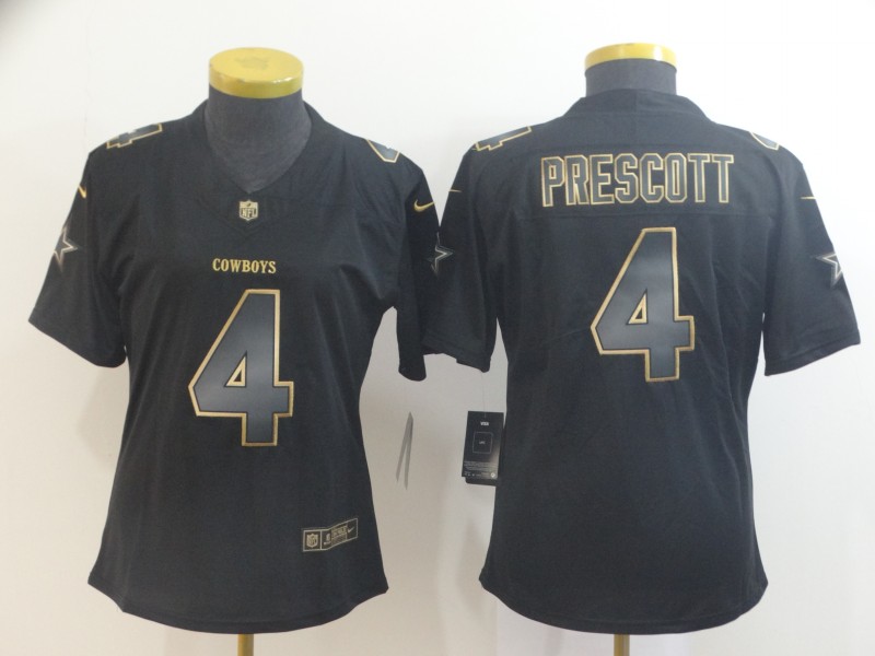 Personalized Women Cowboys 4 Dak Prescott Black Gold Women Untouchable Limited Jersey
