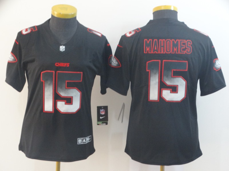 Personalized Women Chiefs 15 Patrick Mahomes Black Arch Smoke Women Untouchable Limited Jersey