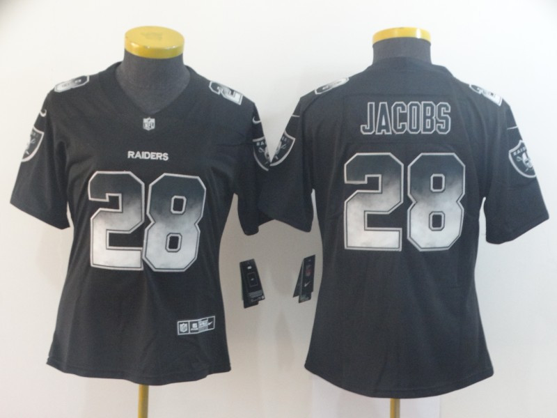 Personalized Women Raiders 28 Josh Jacobs Black Arch Smoke Women Untouchable Limited Jersey