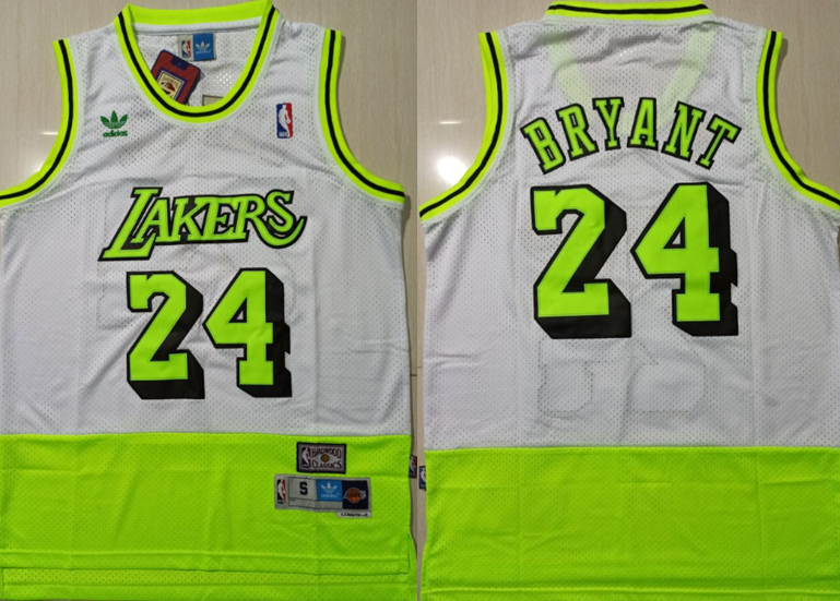 Personalized Lakers Bape 24 Kobe Bryant White Fluorescent Green Split Hardwood Classics Jersey