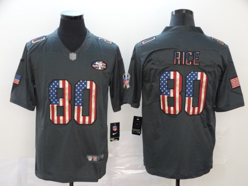 Personalized 49ers 80 Jerry Rice 2019 Salute To Service USA Flag Fashion Limited Jersey