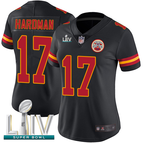 Personalized Chiefs #17 Mecole Hardman Black Super Bowl LIV Bound Women’s Stitched Football Limited Rush Jersey