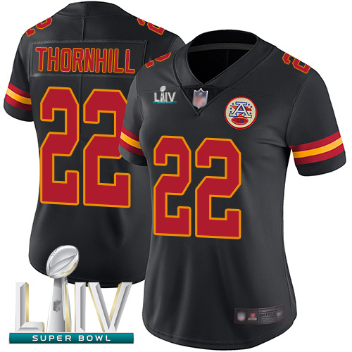 Personalized Chiefs #22 Juan Thornhill Black Super Bowl LIV Bound Women’s Stitched Football Limited Rush Jersey