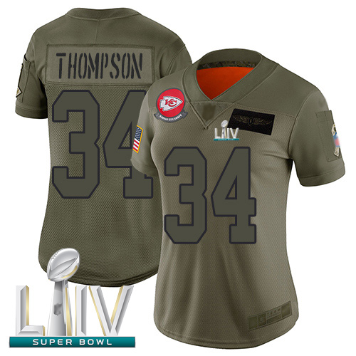 Personalized Chiefs #34 Darwin Thompson Camo Super Bowl LIV Bound Women’s Stitched Football Limited 2019 Salute to Service Jersey