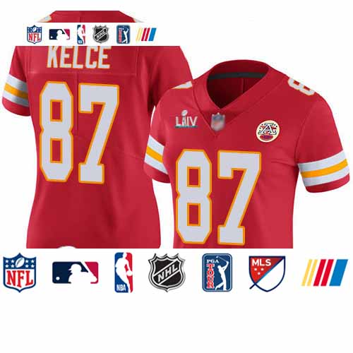 Personalized Chiefs #87 Travis Kelce Red Team Color Super Bowl LIV Bound Women’s Stitched Football Untouchable Limited Jersey