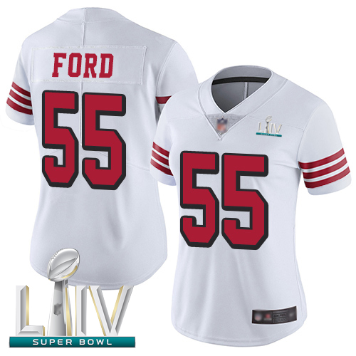 Personalized 49ers #55 Dee Ford White Rush Super Bowl LIV Bound Women’s Stitched Football Untouchable Limited Jersey