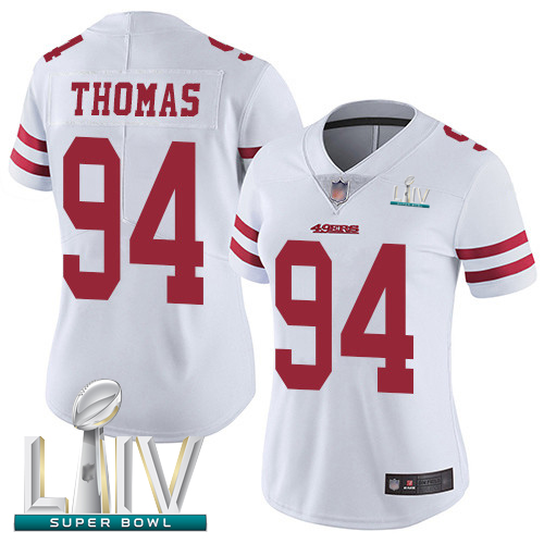 Personalized 49ers #94 Solomon Thomas White Super Bowl LIV Bound Women’s Stitched Football Untouchable Limited Jersey