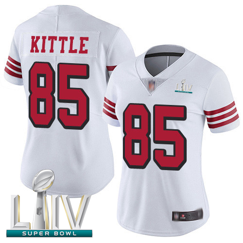 Personalized 49ers #85 George Kittle White Rush Super Bowl LIV Bound Women’s Stitched Football Untouchable Limited Jersey