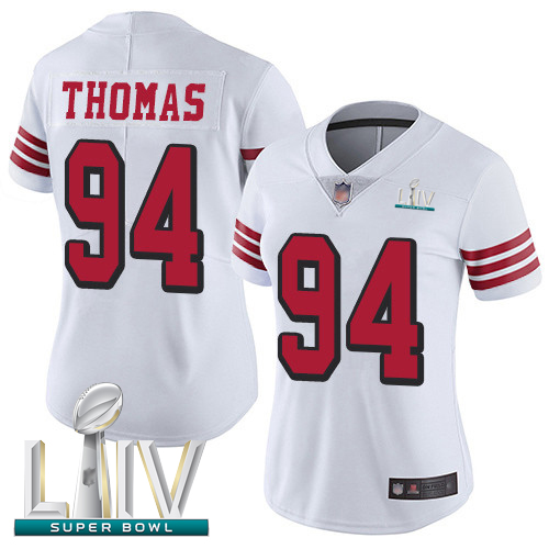 Personalized 49ers #94 Solomon Thomas White Rush Super Bowl LIV Bound Women’s Stitched Football Untouchable Limited Jersey