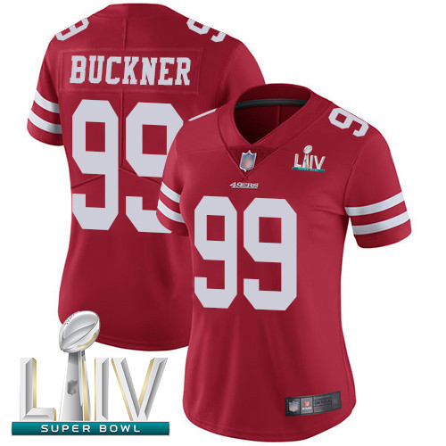 Personalized 49ers #99 DeForest Buckner Red Team Color Super Bowl LIV Bound Women’s Stitched Football Untouchable Limited Jersey