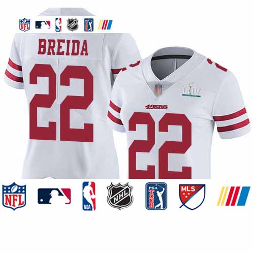 Personalized 49ers #22 Matt Breida White Super Bowl LIV Bound Women’s Stitched Football Untouchable Limited Jersey