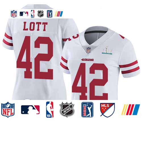Personalized 49ers #42 Ronnie Lott White Super Bowl LIV Bound Women’s Stitched Football Untouchable Limited Jersey