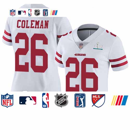 Personalized 49ers #26 Tevin Coleman White Super Bowl LIV Bound Women’s Stitched Football Untouchable Limited Jersey