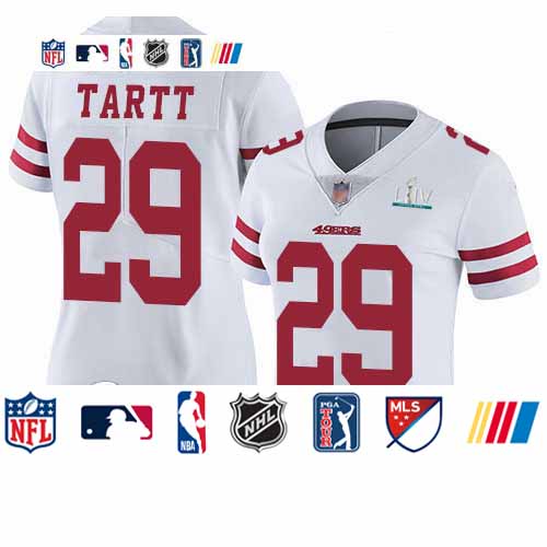 Personalized 49ers #29 Jaquiski Tartt White Super Bowl LIV Bound Women’s Stitched Football Untouchable Limited Jersey