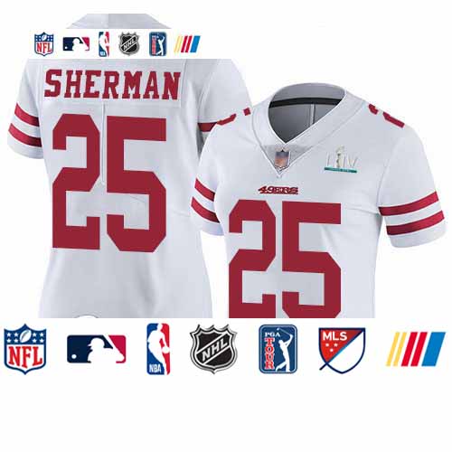 Personalized 49ers #25 Richard Sherman White Super Bowl LIV Bound Women’s Stitched Football Untouchable Limited Jersey