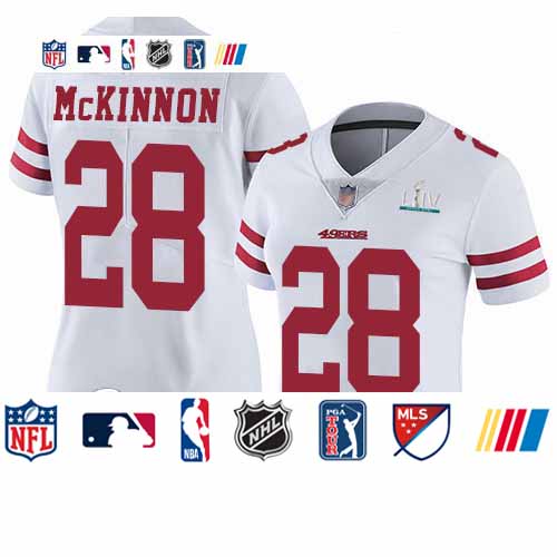 Personalized 49ers #28 Jerick McKinnon White Super Bowl LIV Bound Women’s Stitched Football Untouchable Limited Jersey