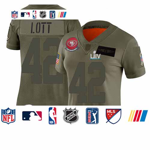 Personalized 49ers #42 Ronnie Lott Camo Super Bowl LIV Bound Women’s Stitched Football Limited 2019 Salute to Service Jersey