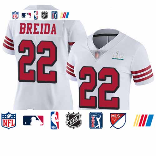 Personalized 49ers #22 Matt Breida White Rush Super Bowl LIV Bound Women’s Stitched Football Untouchable Limited Jersey