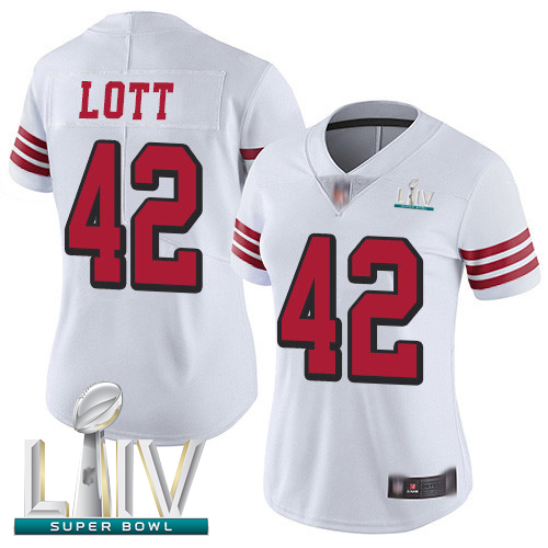 Personalized 49ers #42 Ronnie Lott White Rush Super Bowl LIV Bound Women’s Stitched Football Untouchable Limited Jersey