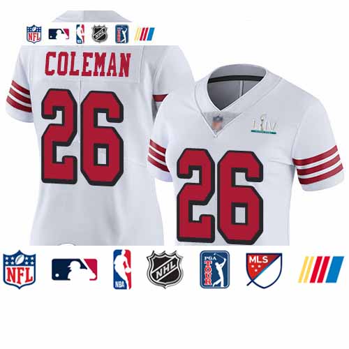 Personalized 49ers #26 Tevin Coleman White Rush Super Bowl LIV Bound Women’s Stitched Football Untouchable Limited Jersey