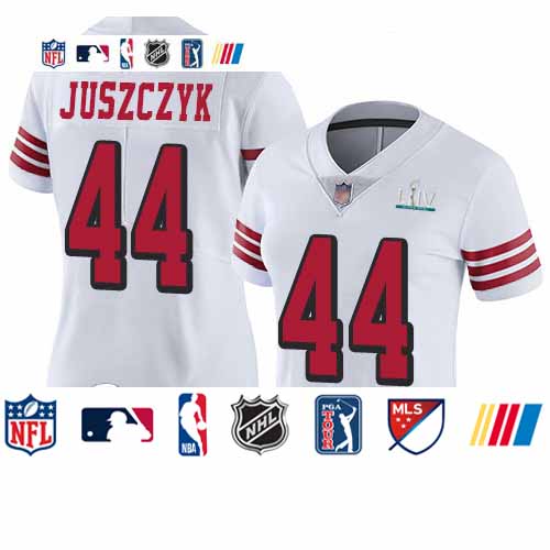 Personalized 49ers #44 Kyle Juszczyk White Rush Super Bowl LIV Bound Women’s Stitched Football Untouchable Limited Jersey