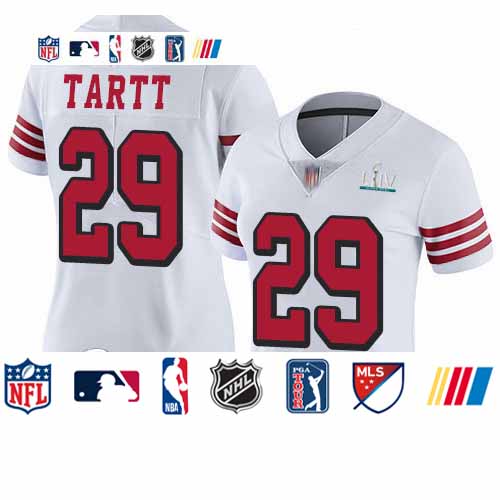 Personalized 49ers #29 Jaquiski Tartt White Rush Super Bowl LIV Bound Women’s Stitched Football Untouchable Limited Jersey