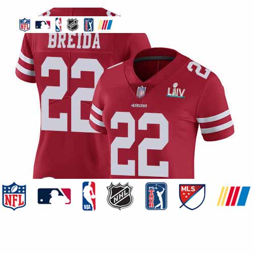 Personalized 49ers #22 Matt Breida Red Team Color Super Bowl LIV Bound Women’s Stitched Football Untouchable Limited Jersey